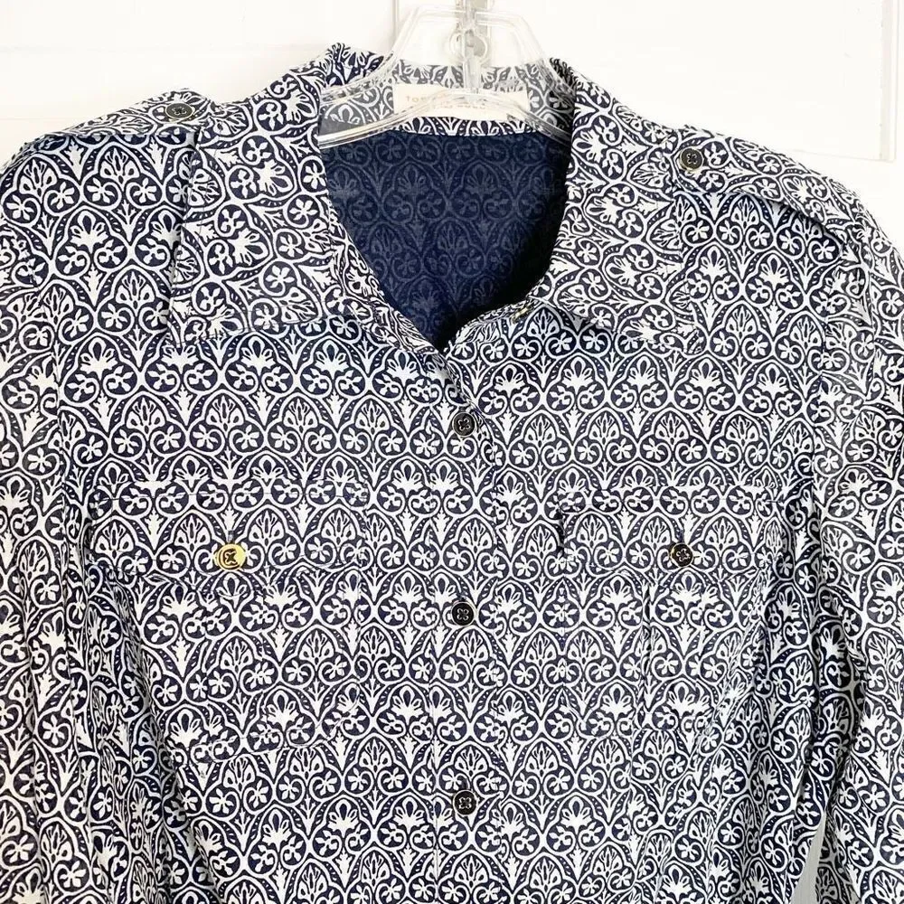 Tory Burch Blue Tile Printed White Button Up Belted Long Sleeve Work Dress Siz 8
